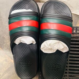 Gucci Black Slides with Red and Green Accents